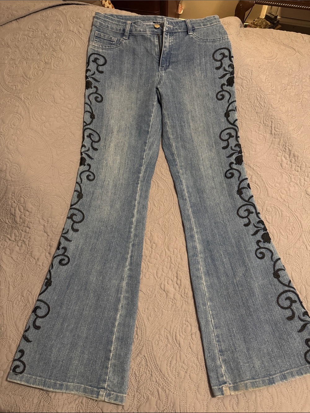 Vintage Boston Proper Light Blue Flare Jeans with Black Embroidered Scrolls